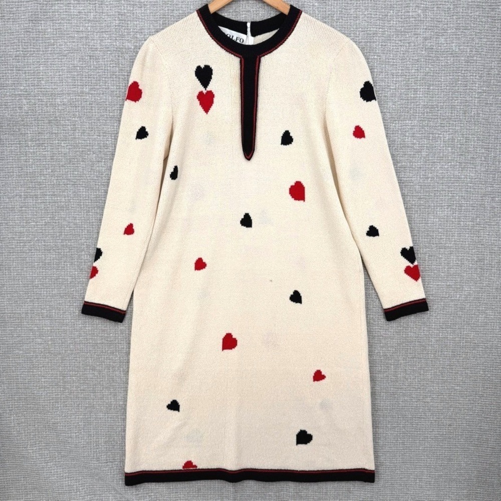 Vtg Adolfo Heart Print Knit Tunic Sweater Dress Women M Cream Valentine